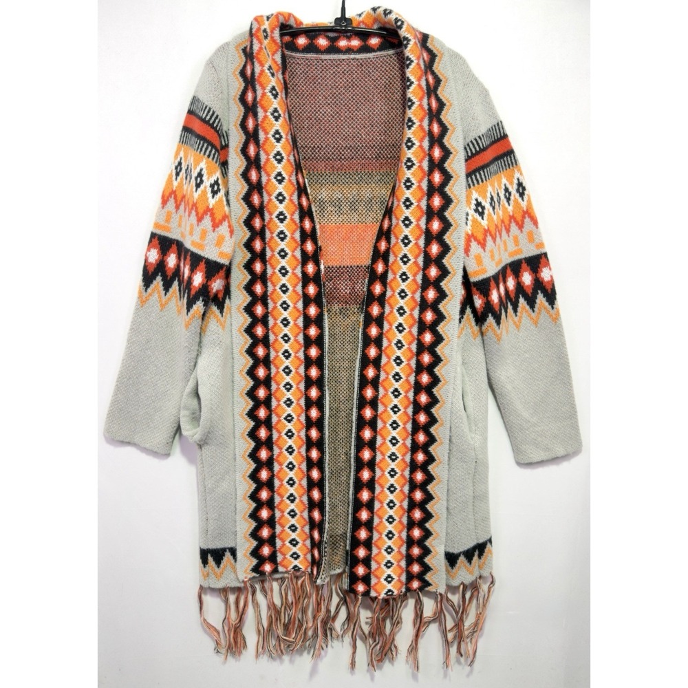 Womens L Gray Orange Fair Isle Cardigan Sweater Open Front Fringe Boho Aztec